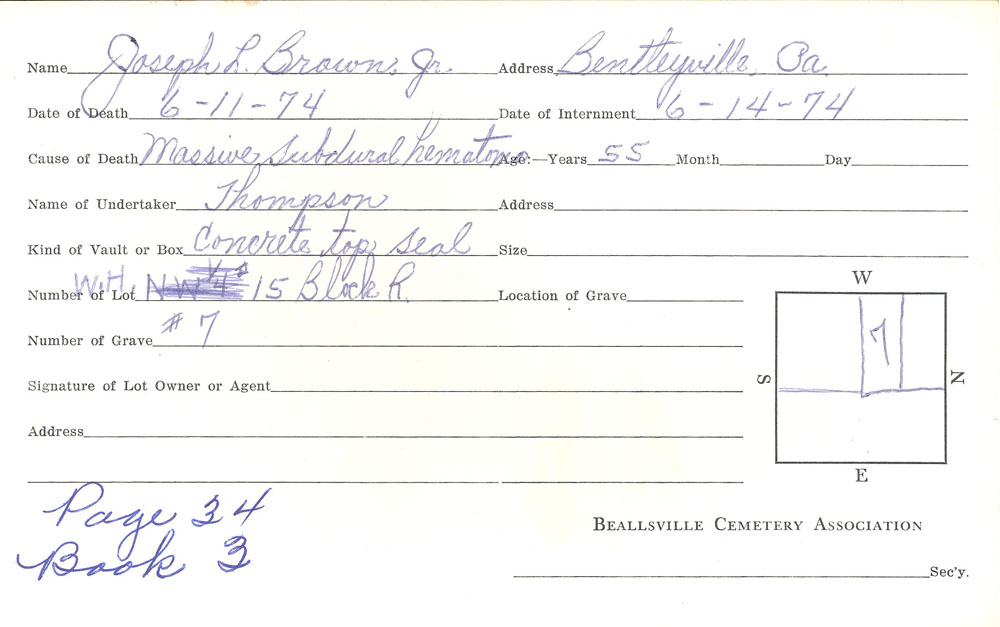 Joseph L. Brown Jr burial card